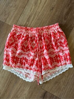 Deb Coral-Red Patterned Lace-Trim Sleep Shorts